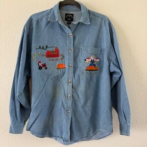 Vintage Solutions Blue Denim Shirt L Fall Pumpkin Scarecrow Halloween Grannycore